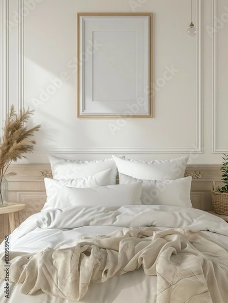 Fototapeta Frame mockup, simple and modern bedroom home interior design background, wall poster frame mockup, 3d render