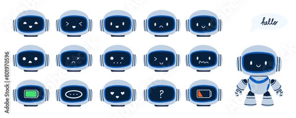 Fototapeta Robot emotions. Chatbot assistant emotions, cute ai symbol, tech mascot. Happy or sad funny face. Robotic machine high and low battery. Vector cartoon flat isolated smile character illustration