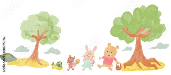 Obraz 動物たちの行進_かめ、しまりす、うさご、くま