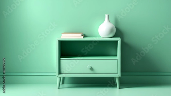 Fototapeta A green nightstand with a white vase and books on top of it