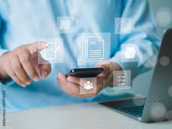Fototapeta Document management systems (DMS), online document databases, and digital file storage systems or software record keeping database technology File access Sharing documents
