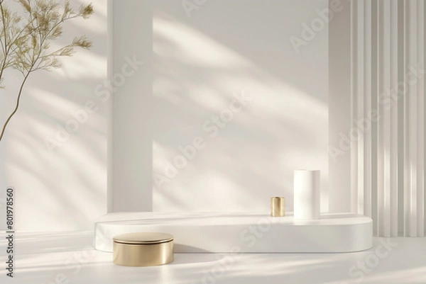 Fototapeta White podium display product and sparkle golden curve line element, Realistic 3d luxury style background, vector illustration for promoting sales and marketing.