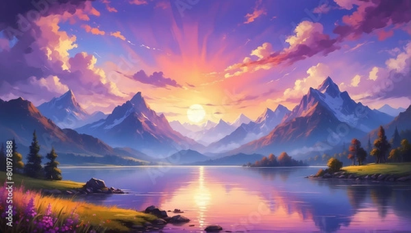 Fototapeta Artistic concept of painting a beautiful landscape of wild nature, with flowery meadows in the background. Tender and dreamy design, background illustration