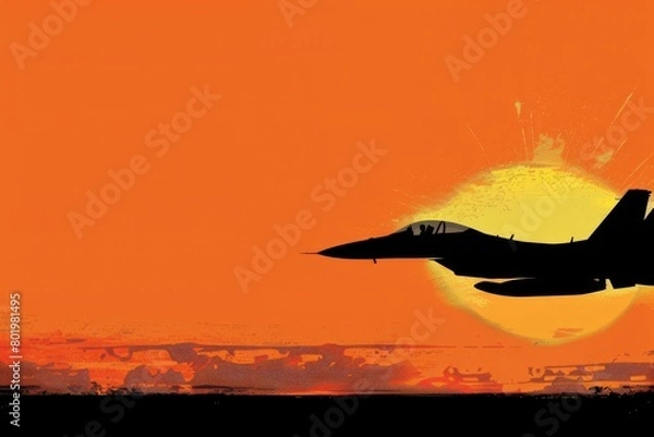 Obraz A fighter plane soaring through a fiery sunset