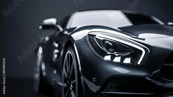 Obraz Luxury expensive car parked on dark background. Sport and modern luxury design gray car. Shiny clean lines and detailed front view of modern automotive. Automotive advertising banner 
