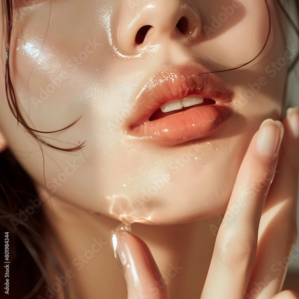 Fototapeta 女性のぷっくりツヤツヤの唇、粘膜ルージュ