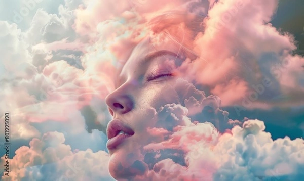 Fototapeta Woman's face against a backdrop of vibrant, dreamlike cloudscape