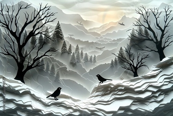 Fototapeta A beautiful layered paper cutting art style of a forest scene with silhouettes of trees, snow, and birds against a sunset