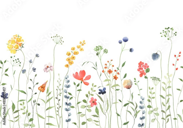 Obraz Floral watercolor seamless border with abstract delicate green plants and colorful wildflowers. Isolated floral hand drawn illustration for wallpapers or garden background with design elements.