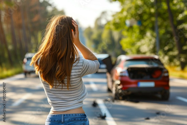 Obraz Woman Observing Roadside Car Accident. A woman stands on a forest-lined road observing a recent car accident involving two vehicles.
