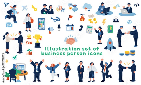 Fototapeta ビジネスパーソンとビジネスアイコンのイラストセット
