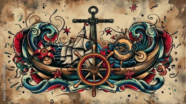 Obraz Artistic representation of a traditional tattoo with a nautical theme, including anchors and ship wheels, on an isolated backdrop, bold color palette