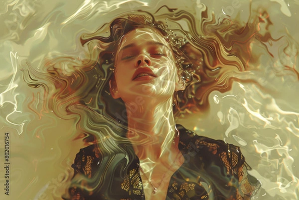 Fototapeta A woman is floating in a pool of water with her hair in a wave
