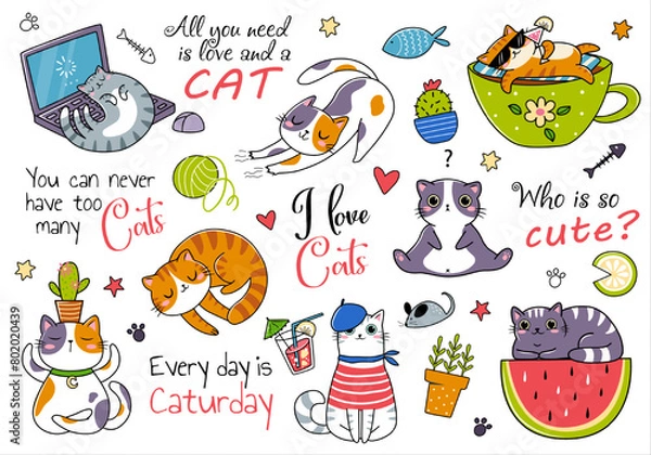 Obraz Draw vector illustration character design collection stickers funny cats Doodle cartoon style isolated on white background