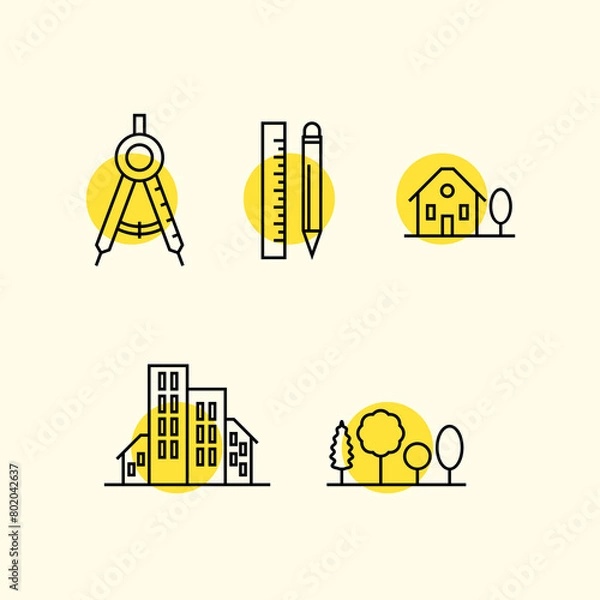 Fototapeta Set of flat architectural icons in linear outline design. Architecture symbols and drawing utilities.