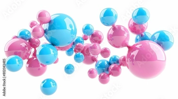 Fototapeta An abstract science element model showing molecules and atoms. An isolated pink or blue 3D modern object with connected spheres on a white background.