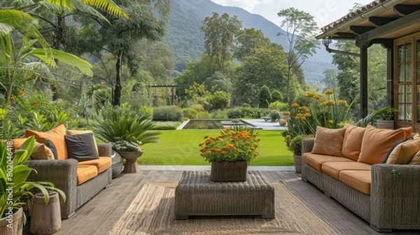 Obraz Modern patio furniture on a wooden deck in a lush garden with a mountain view.