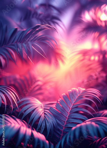 Fototapeta Pink and purple dark abstract background with neon tropical leaves and foliage - space for copy text.