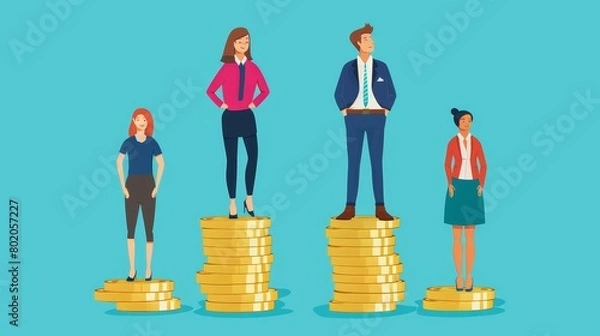 Fototapeta An illustration of rich and poor workers standing on high and low money stacks with a salary gap concept.
