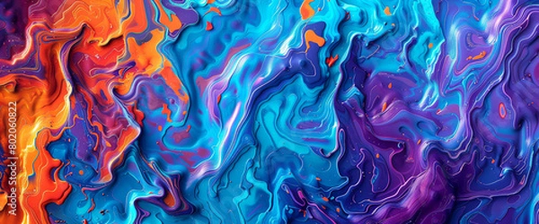 Fototapeta Cascades of electric blue and fiery orange blend seamlessly with streaks of violet and coral, forming an intricate mosaic of color.