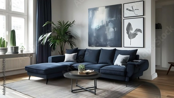 Fototapeta Scandinavian apartment with dark blue sofa recliner in modern living room. Concept Scandinavian Design, Dark Blue Sofa, Modern Living Room, Interior Decor, Recliner
