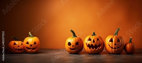 Fototapeta Line of five carved jack-o'-lanterns on a dark table with orange backdrop, Halloween themes.