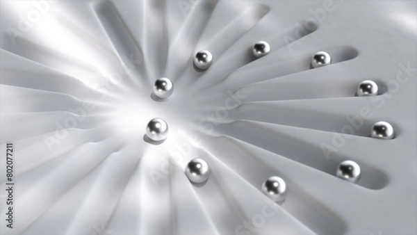 Fototapeta Dynamic 3D animation of metallic spheres radiating outwards on a light wooden background, showcasing the beauty of simplicity and motion