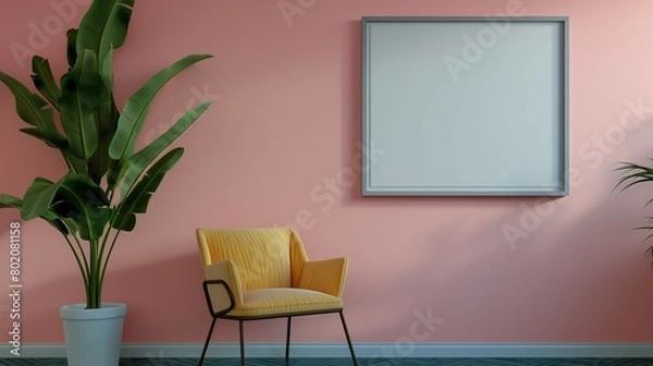 Fototapeta Frame mockup, simple and modern cozy chair home interior background, wall poster frame mockup, 3D render