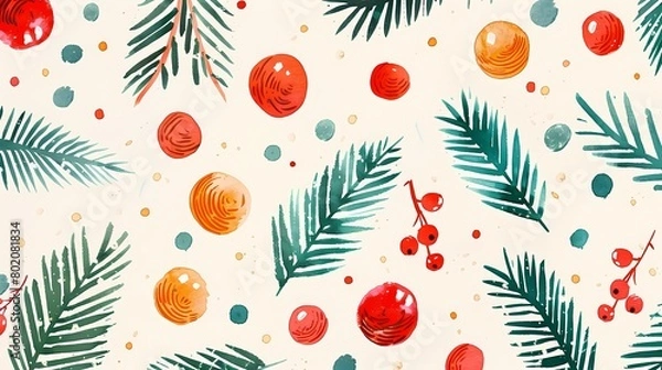 Obraz cranberries and snowy trees and rosemary watercolor pattern illustration poster background