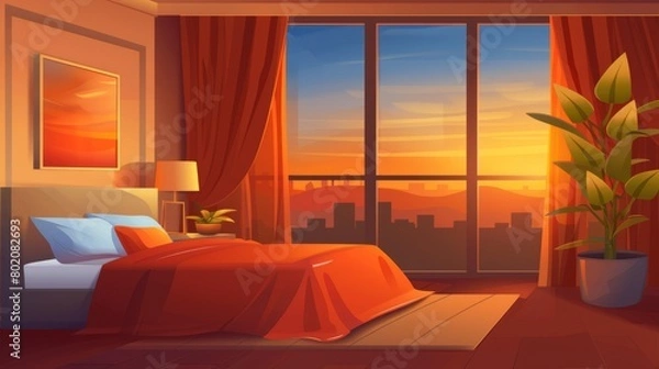 Fototapeta In the bedroom of a luxury hotel apartment, there is a sunset cityscape view framed in a modern background of a modern clean apartment with cozy sleep furniture. There are curtains over the large