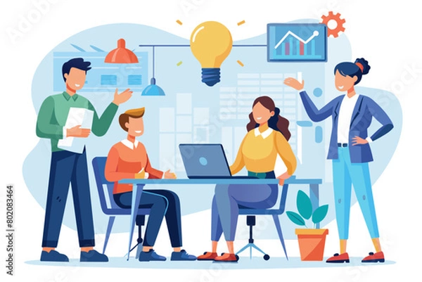 Fototapeta Young business people meeting office teamwork group presentation seminar man businessman startup project idea training student education leader explaining modern flat design simple vector