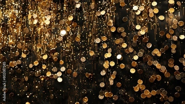 Fototapeta Shimmering gold sequins on a black backdrop provide a glamourous and eye-catching texture.