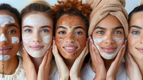Fototapeta Women with Different Makeup Masks on their Faces, To provide a visually appealing and relevant image for stock photo platforms, illustrating the
