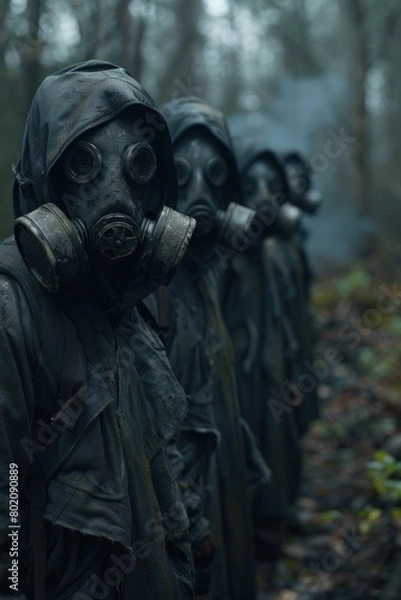 Fototapeta A group of people wearing gas masks and hooded coats. They are standing in a row in a foggy forest.