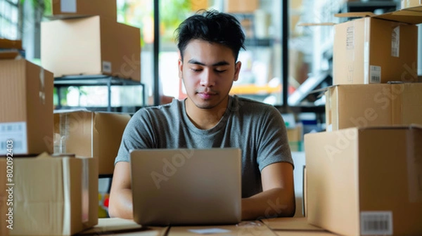 Obraz Man Running Small Business from Home with Laptop and Phone
