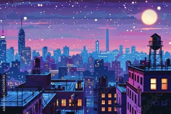 Fototapeta A pop art rooftop view of a city at night, twinkling lights, bold outlines, and a stylized water tower