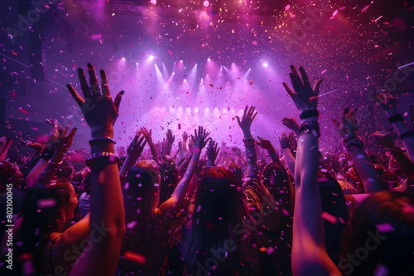 Fototapeta Concert Crowd with Confetti in Dark Pink and Violet, This stock photo is ideal for conveying a fun and festive atmosphere, making it perfect for