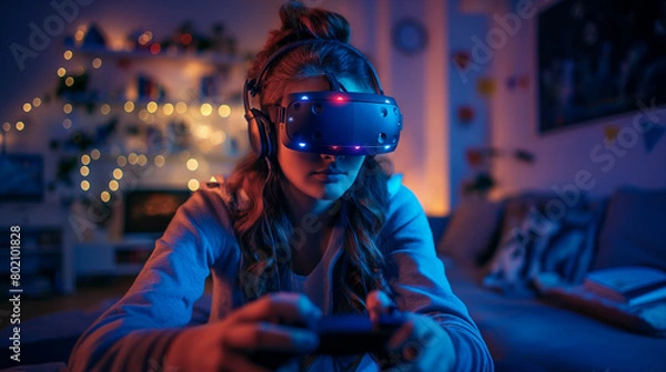 Fototapeta Young woman wearing a virtual reality mask plays a game via the Internet.	Life online in cyberspace.