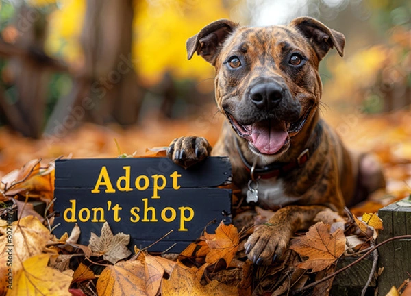 Fototapeta A dog in a fall setting holds a sign saying "Adopt don't shop" among colorful autumn leaves.
