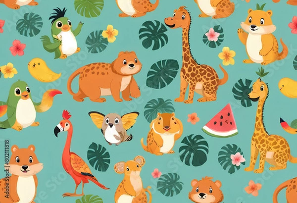 Fototapeta Cute animal cartoon characters pattern vector background