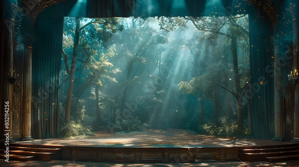 Fototapeta Enchanted Forest Theater Stage with Towering Trees and Mystical Creatures in Dramatic Serene Lighting