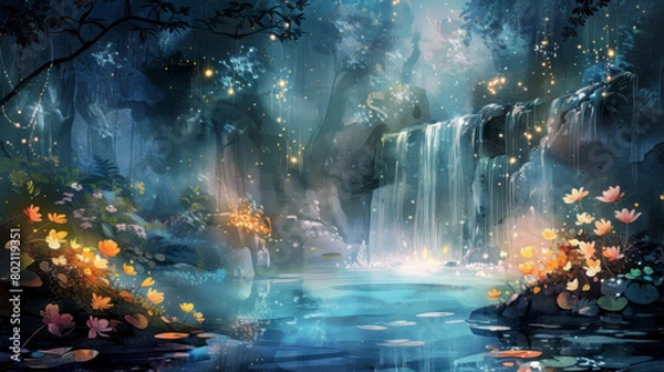 Fototapeta The image is a beautiful landscape with a waterfall, flowers, and a blue pond. The waterfall is in the middle of the image and is surrounded by lush green trees.