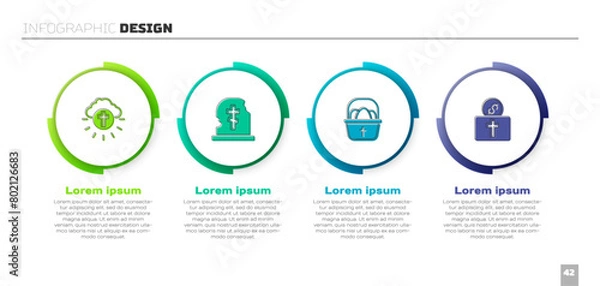 Obraz Set Religious cross in circle, Grave with tombstone, Basket easter eggs and Donation for church. Business infographic template. Vector