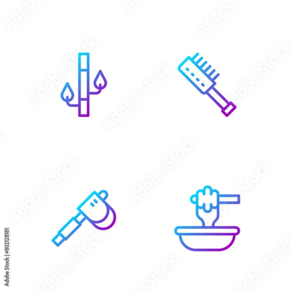 Fototapeta Set line Honey dipper stick with bowl, Wooden axe, Bamboo and Sauna brush. Gradient color icons. Vector