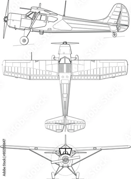 Obraz Adobe Illustrator Artwork  Yakovlev Yak-12 3-view line drawing-svg vector file.eps