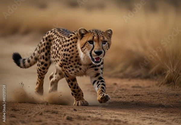 Fototapeta A cheetah sprinting on a tan background, generative AI