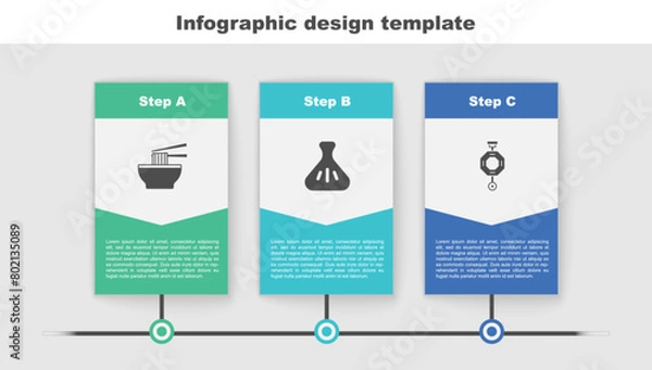 Fototapeta Set Asian noodles in bowl, Dumpling and Chinese paper lantern. Business infographic template. Vector