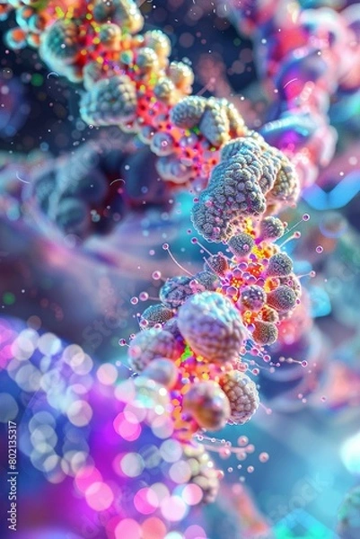 Fototapeta 3D render of cellular metabolism, vibrant fluorescent tagging.