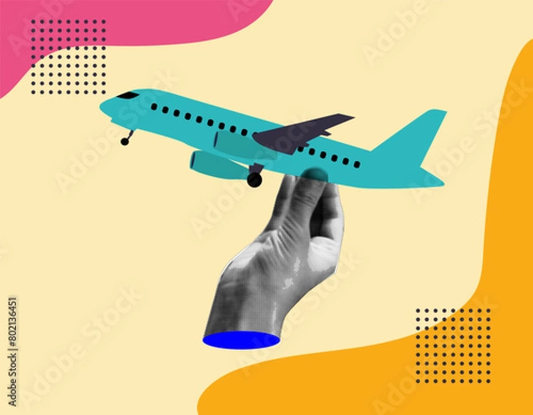 Obraz Collage hand holding a plane. Concept design for travel agency. Vector illustration. EPS 10