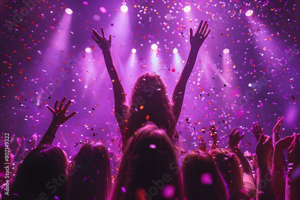 Fototapeta Women Dancing with Confetti at Concert, To convey a sense of energy, excitement and celebration in a concert or party setting